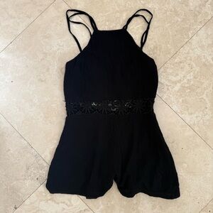 Poof! Black Festival Romper Smocked Bodice Crochet Lace Adjustable Straps Small